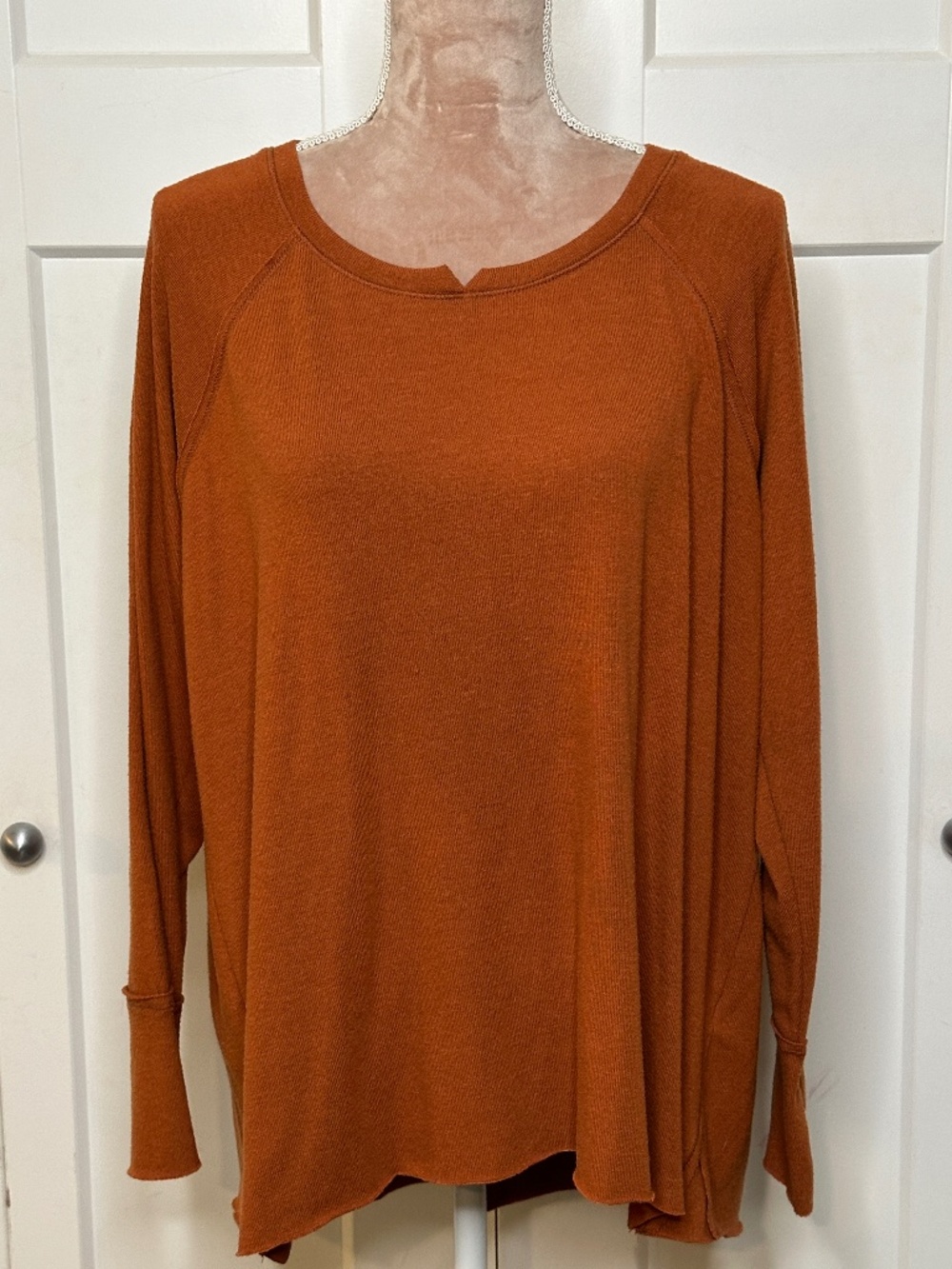Michael Stars Treasure Brushed Jersey Notch Neck Knit Top Rust Thumbholes, 1X